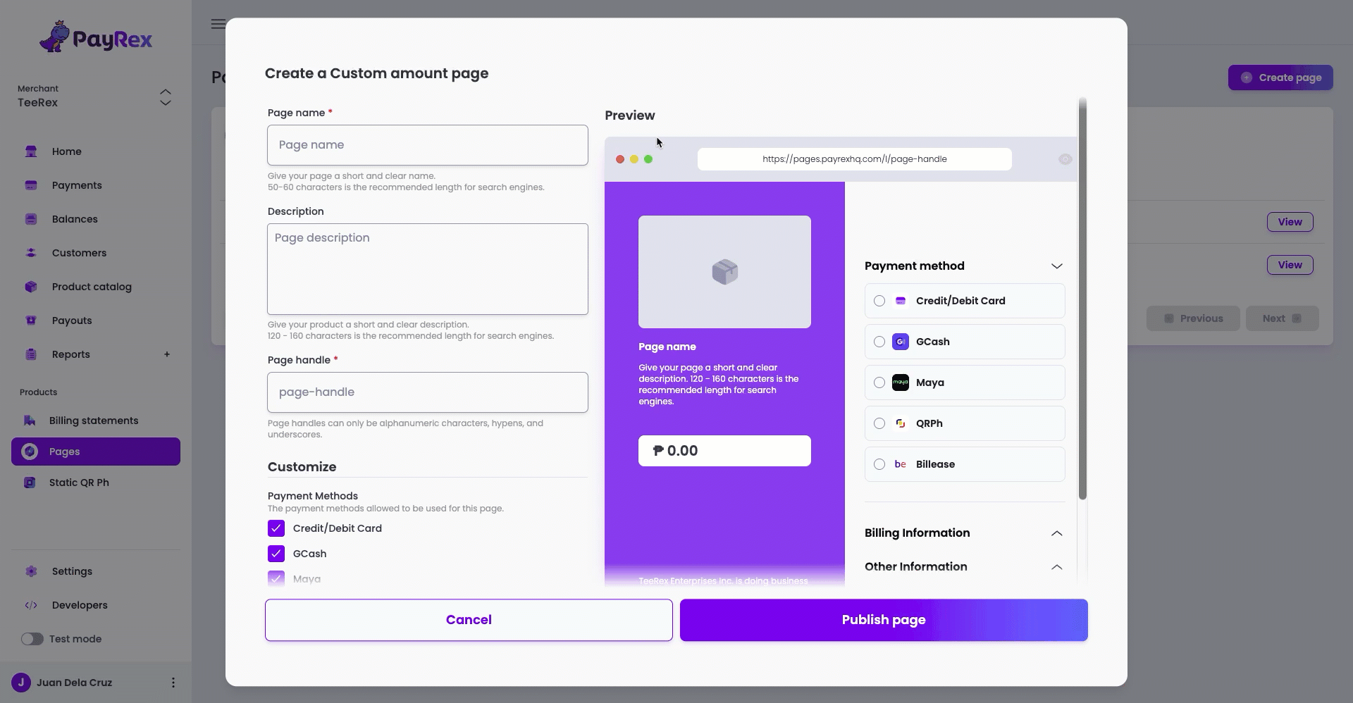 Create custom amount page