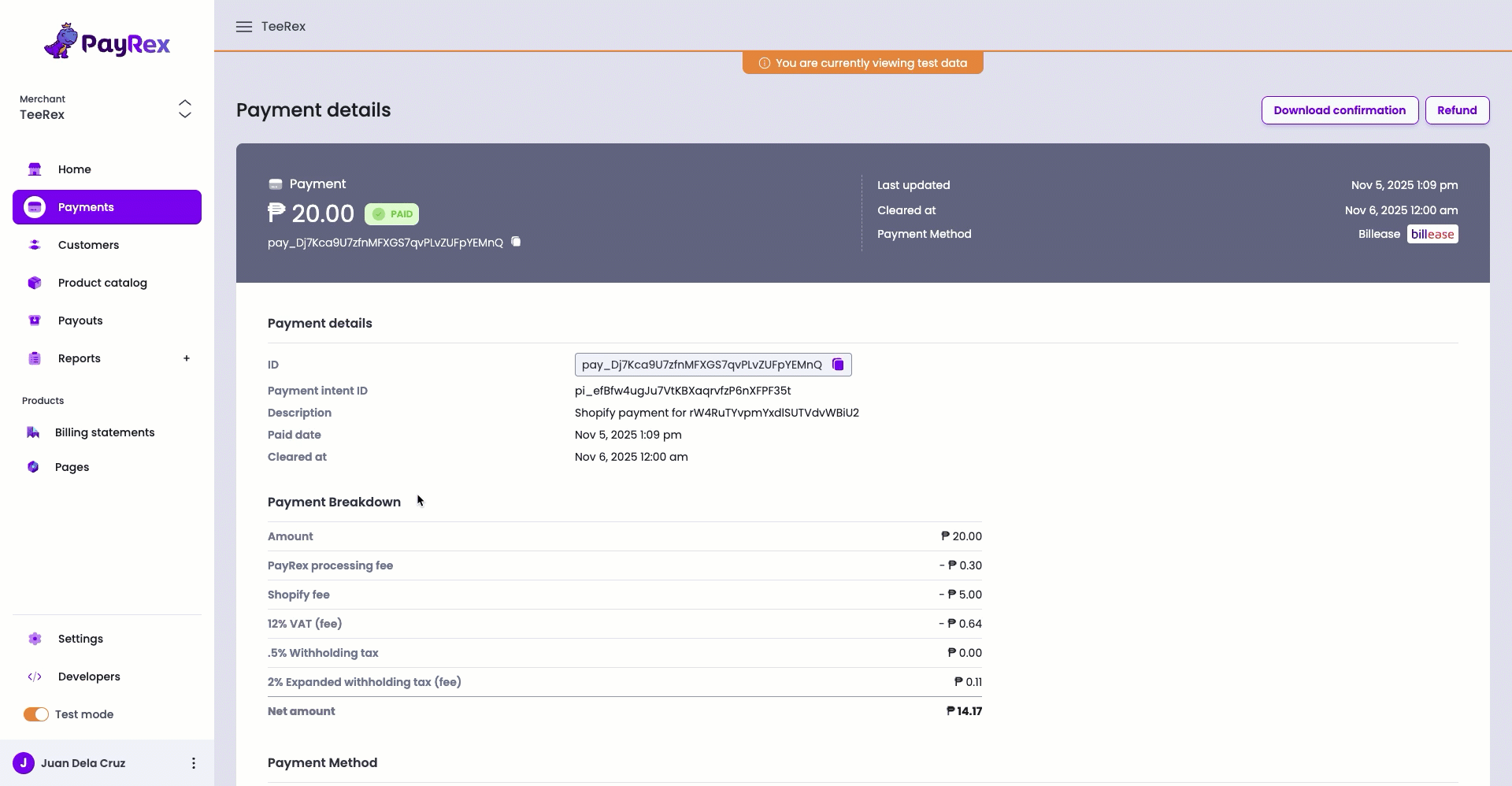Payment details page - metadata section