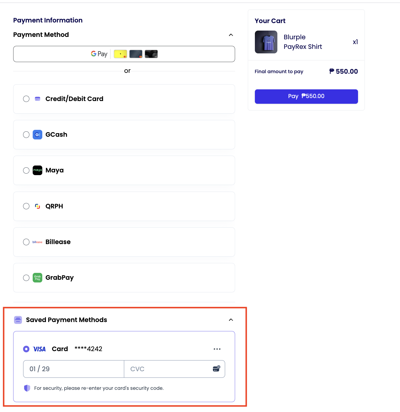 Saved payment methods from elements