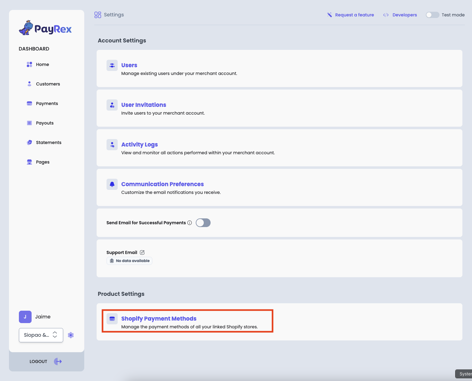 PayRex Shopify Enabled Payment methods