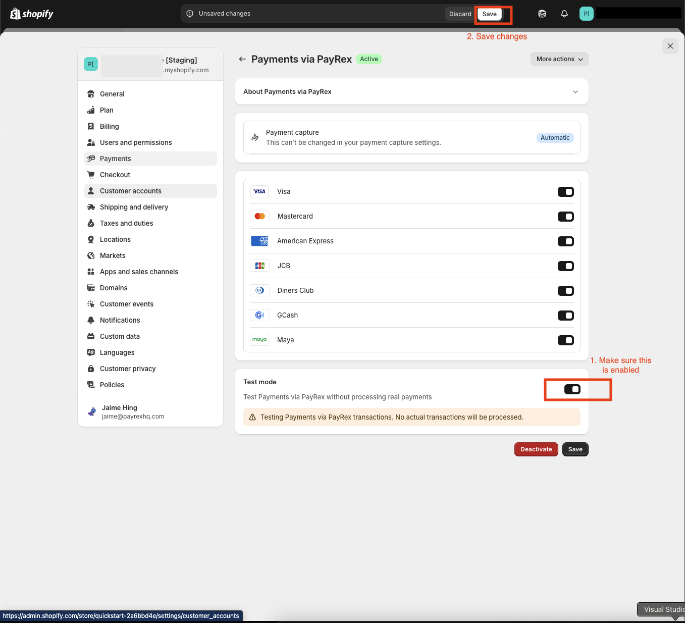 Enable Shopify Test Mode