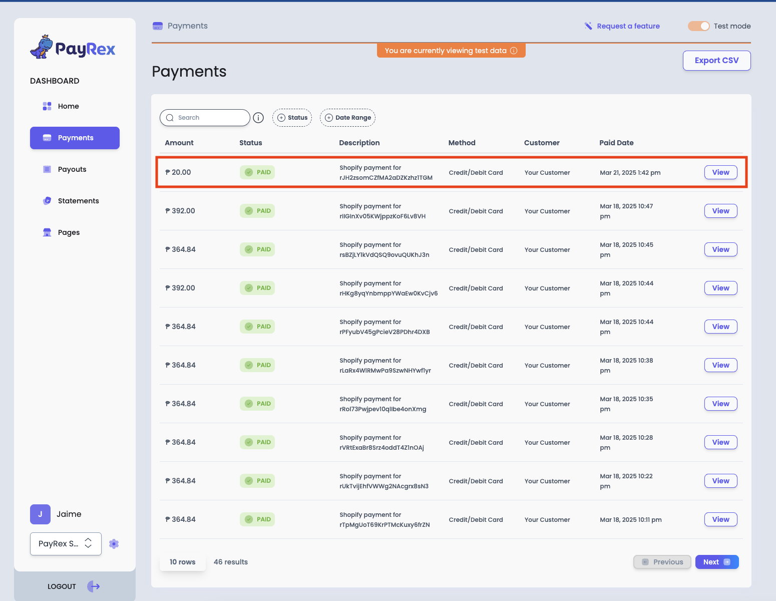 Verify Shopify Payment PayRex Dashboard