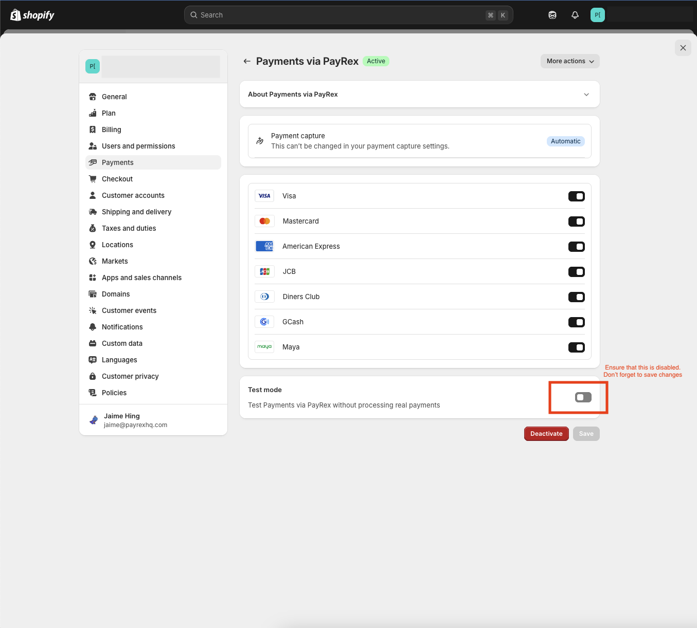 Disable Test Mode Shopify Dashboard