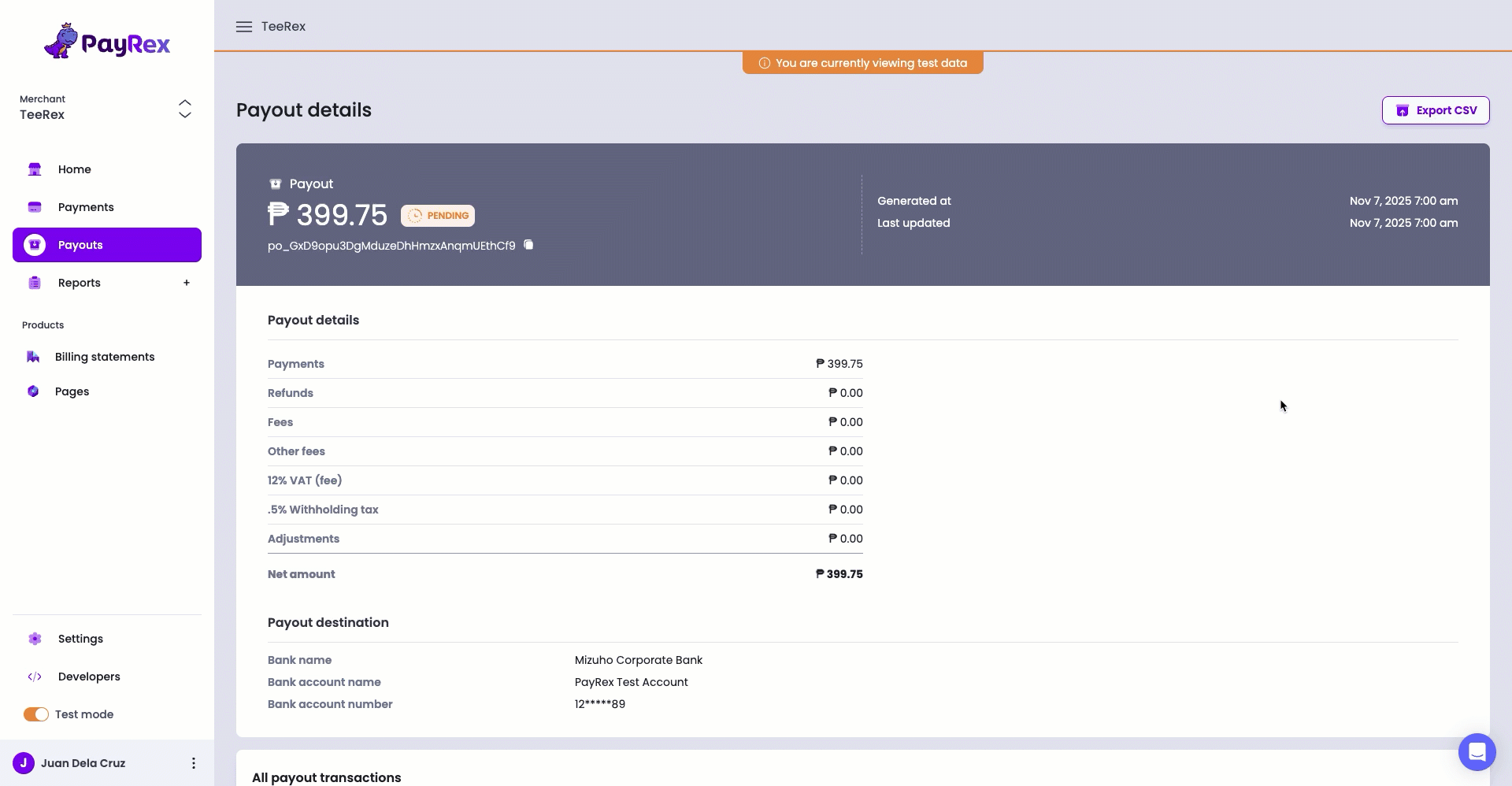 Payout details page
