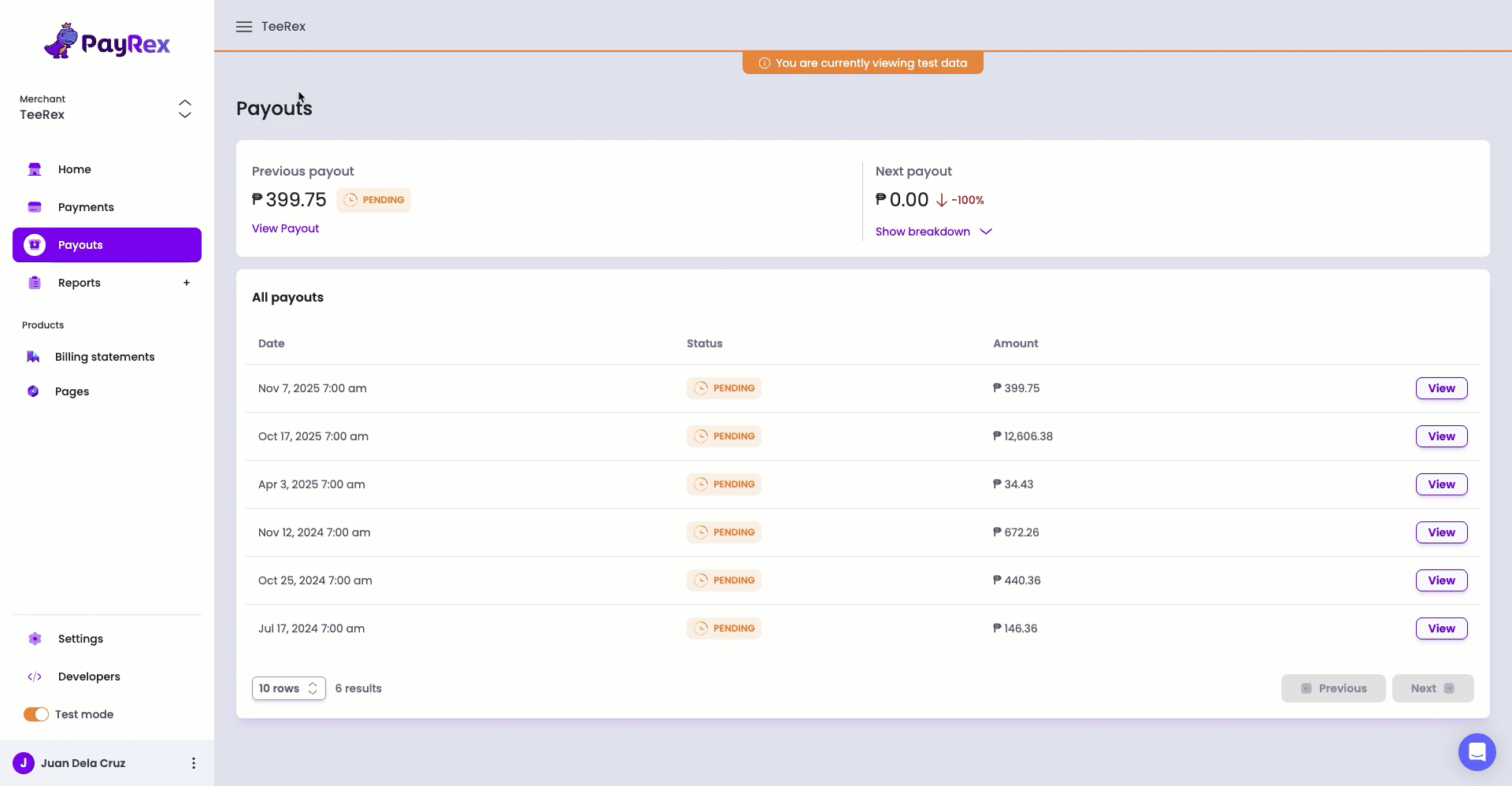 Payout details page