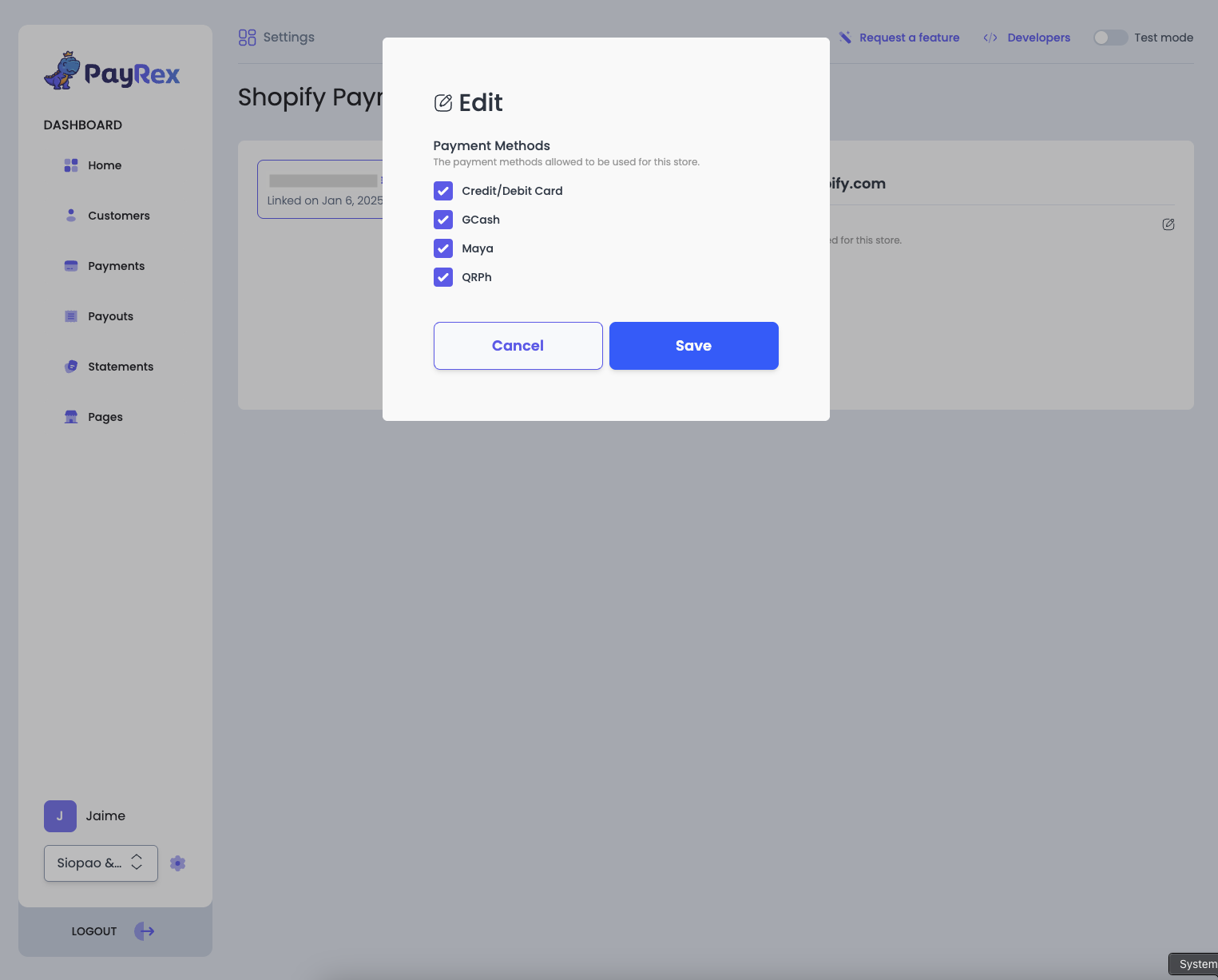 Edit PayRex Shopify Enabled Payment methods